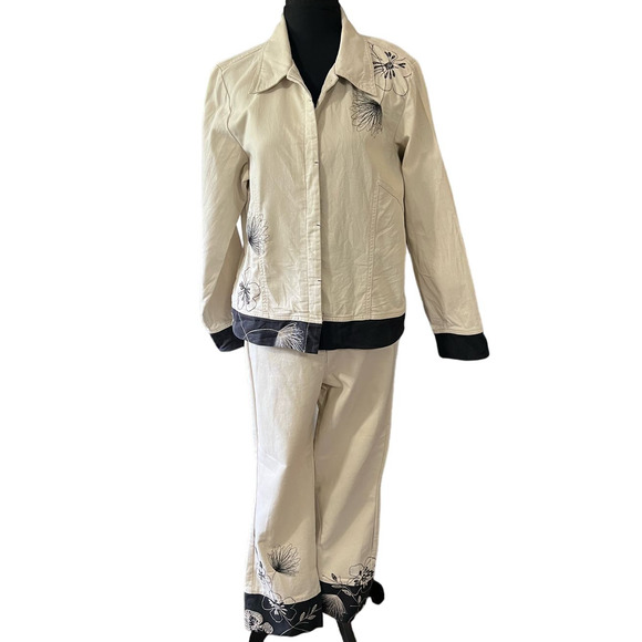 Vintage Susan Bristol Tan and Black Floral Embroidered Cotton Pants Suit, Size L - Picture 1 of 13